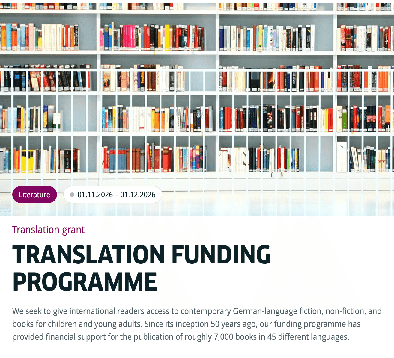 Goethe-Institut Translation Funding — да 8000 EUR выдавецтвам на пераклад кніг з нямецкай мовы